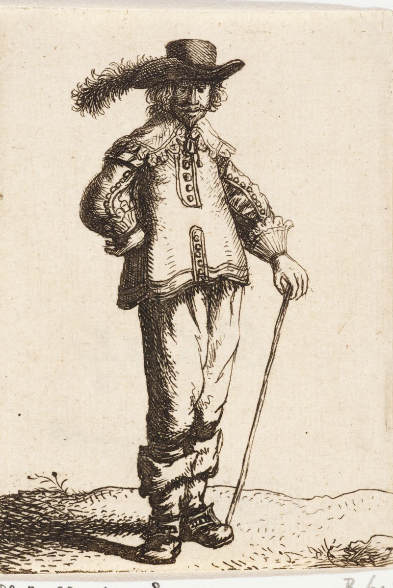 Man met hoed en wandelstok by Jan Gillisz van Vliet, print, 1635