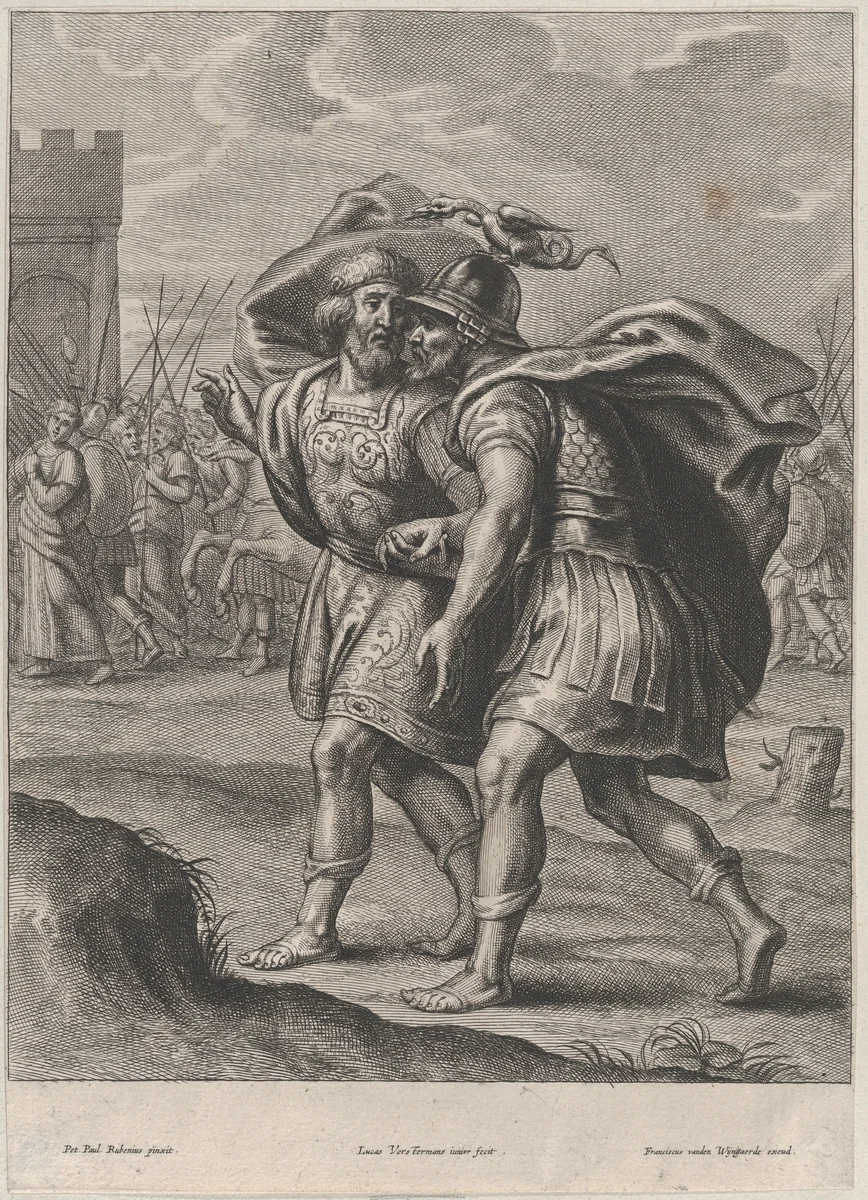 Achilles and Priam, in conversation outside of Troy by Lucas Vorsterman II, print, 1639-1671