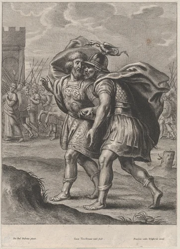 Achilles and Priam, in conversation outside of Troy by Lucas Vorsterman II, print, 1639-1671