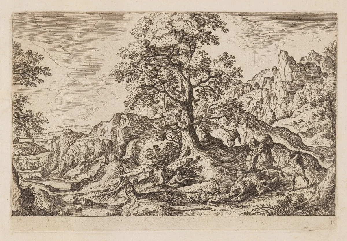 Plate 11, from Landscapes with Scenes from the Old and New Testament and Ovid’s Metamorphoses by Hans Bol, print, 1574