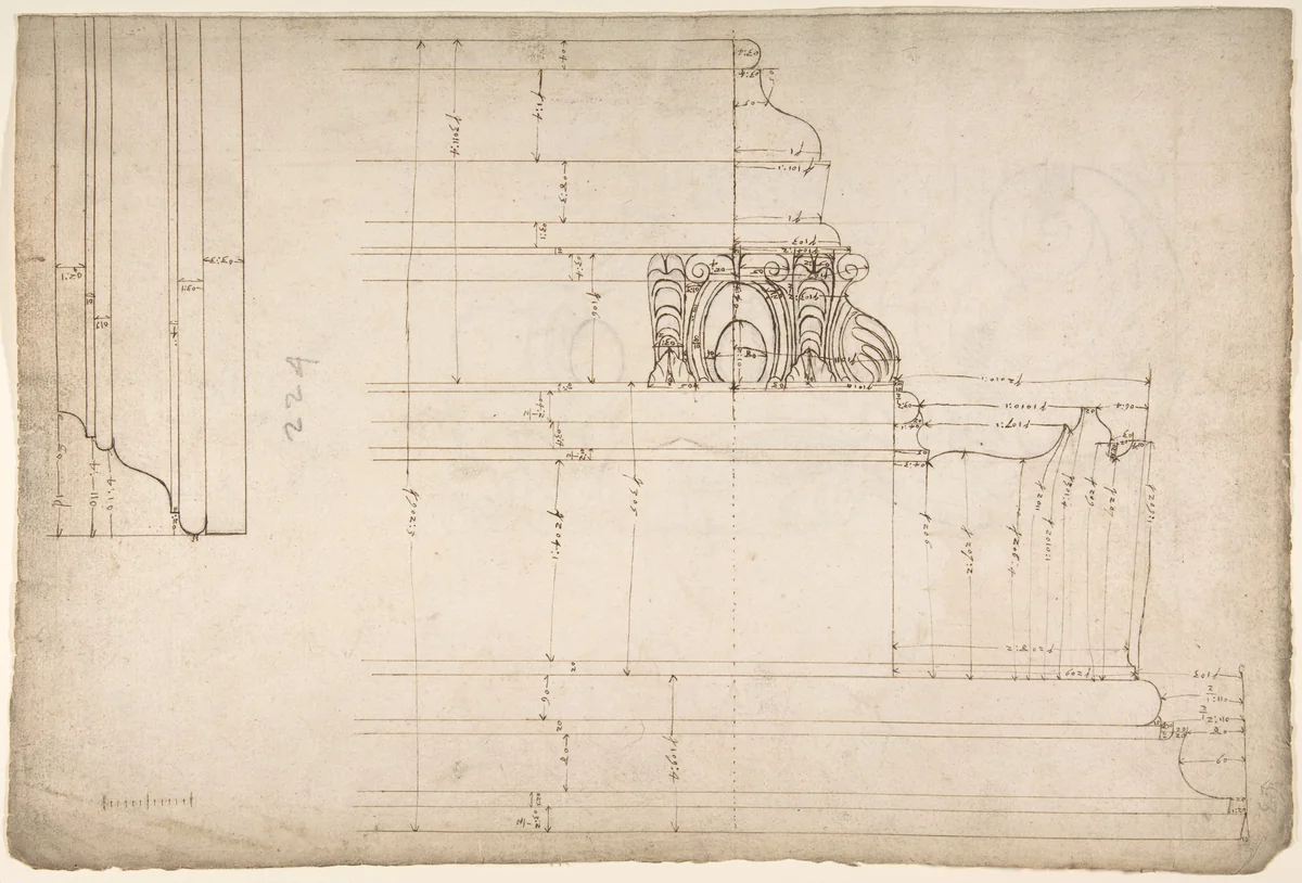 St Peter's, cornice, exterior, profile (recto) Unidentified, moulding, elevation; Unidentified structure, plan (verso) by anonymous, drawing, 1500-1560