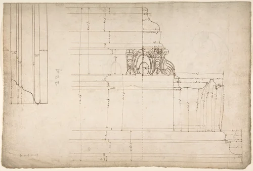 St Peter's, cornice, exterior, profile (recto) Unidentified, moulding, elevation; Unidentified structure, plan (verso) by anonymous, drawing, 1500-1560