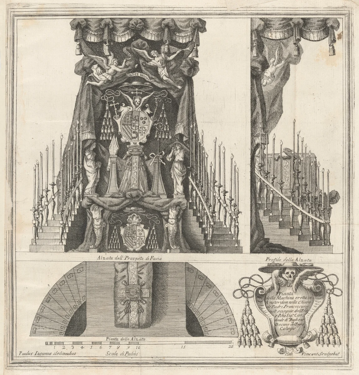 Plan, Elevation and Section of the Funeral Monument to the Cardinal of Bouillon by Hubert Vincent, print, 1715