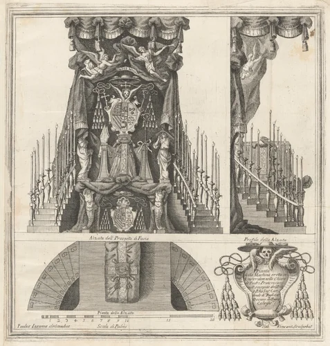 Plan, Elevation and Section of the Funeral Monument to the Cardinal of Bouillon by Hubert Vincent, print, 1715