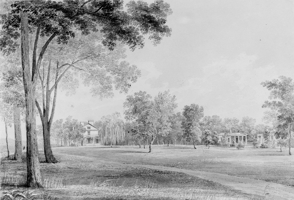 View of the David Hosack Estate, Hyde Park, New York, from the South (from Hosack Album) by Thomas Kelah Wharton, artwork, 1829-1832