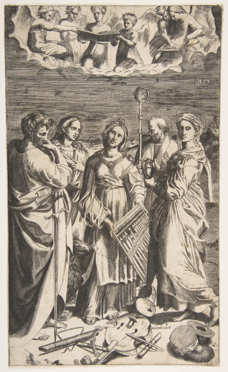 Saint Cecilia standing in the centre accompanied by Saint Paul, the Magdalene, Saint John the Evangelist, and Saint Augustine by Giulio Bonasone, print, 1531