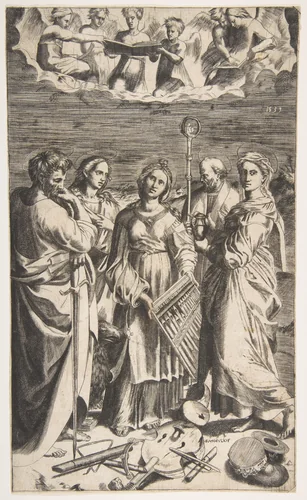 Saint Cecilia standing in the centre accompanied by Saint Paul, the Magdalene, Saint John the Evangelist, and Saint Augustine by Giulio Bonasone, print, 1531