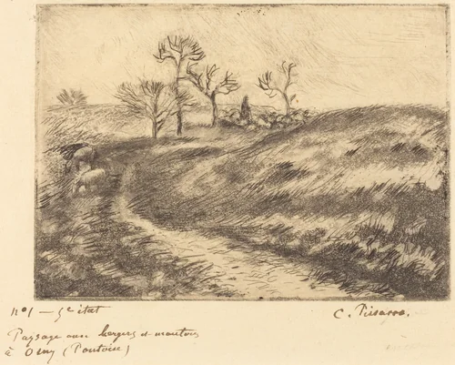 Paysage avec berger et moutons a Osny (Pontoise) by Camille Pissarro, print, 1883