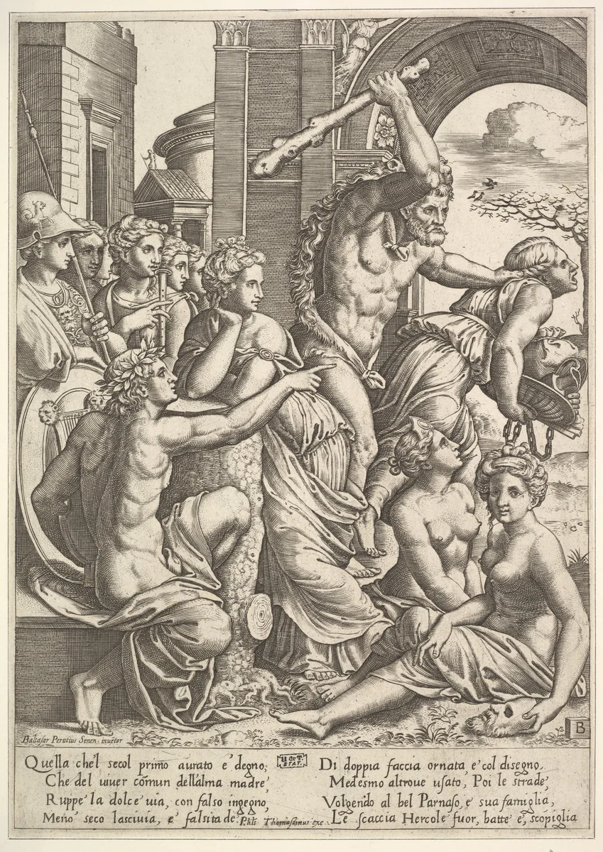 Envy or Avarice at the right being driven from the temple of the Muses by Hercules who raises a club, the muses watching from the left by Master of the Die, print, 1530-1560