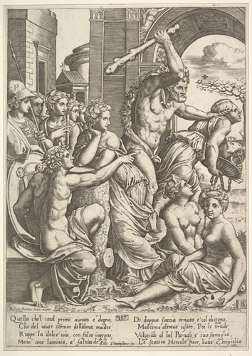 Envy or Avarice at the right being driven from the temple of the Muses by Hercules who raises a club, the muses watching from the left by Master of the Die, print, 1530-1560
