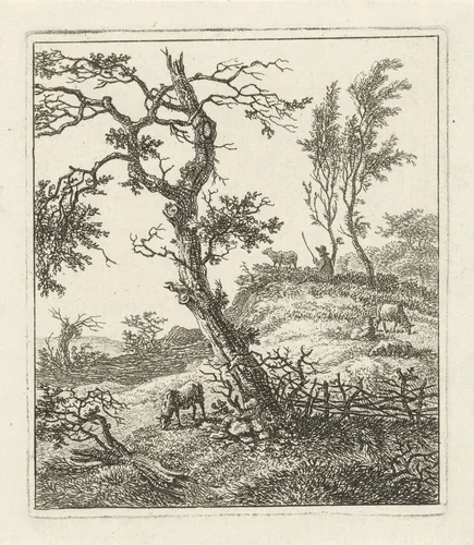 Landschap met schaapsherder op heuvel by Hermanus Fock, print, 1781-1822