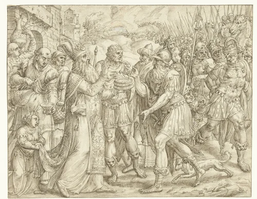 Abraham en Melchisedek by Gerard van Groeningen, drawing, 1560-1580