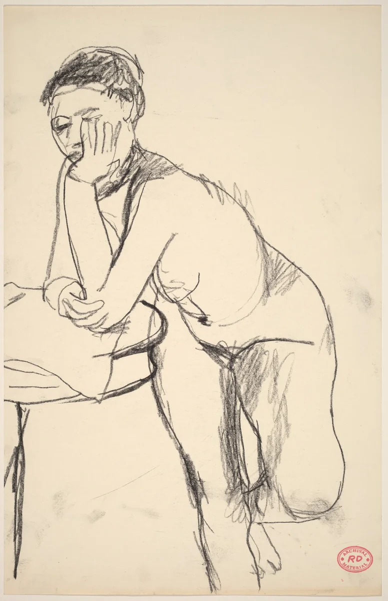 Untitled [standing female nude leaning on table] by Richard Diebenkorn, drawing, 1955-1967
