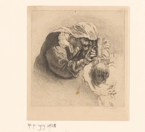 Oude vrouw voedt een kind met een fles by Auguste Danse, print, 1839-1909
