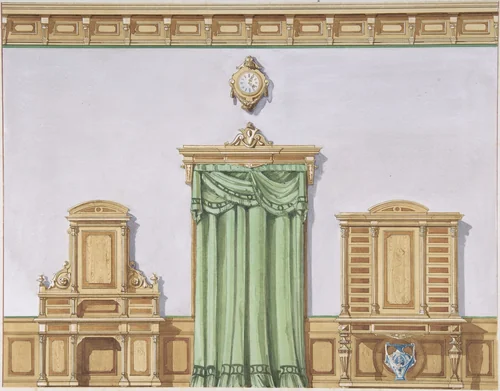 Interior Design with a Central Door Covered by Green Drapery and Two Cabinets by anonymous, drawing, 1880-1900