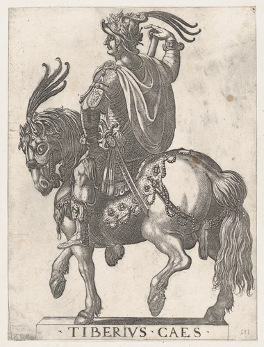 Plate 3: Emperor Tiberius on Horseback, from 'The First Twelve Roman Caesars' by Antonio Tempesta, print, 1596