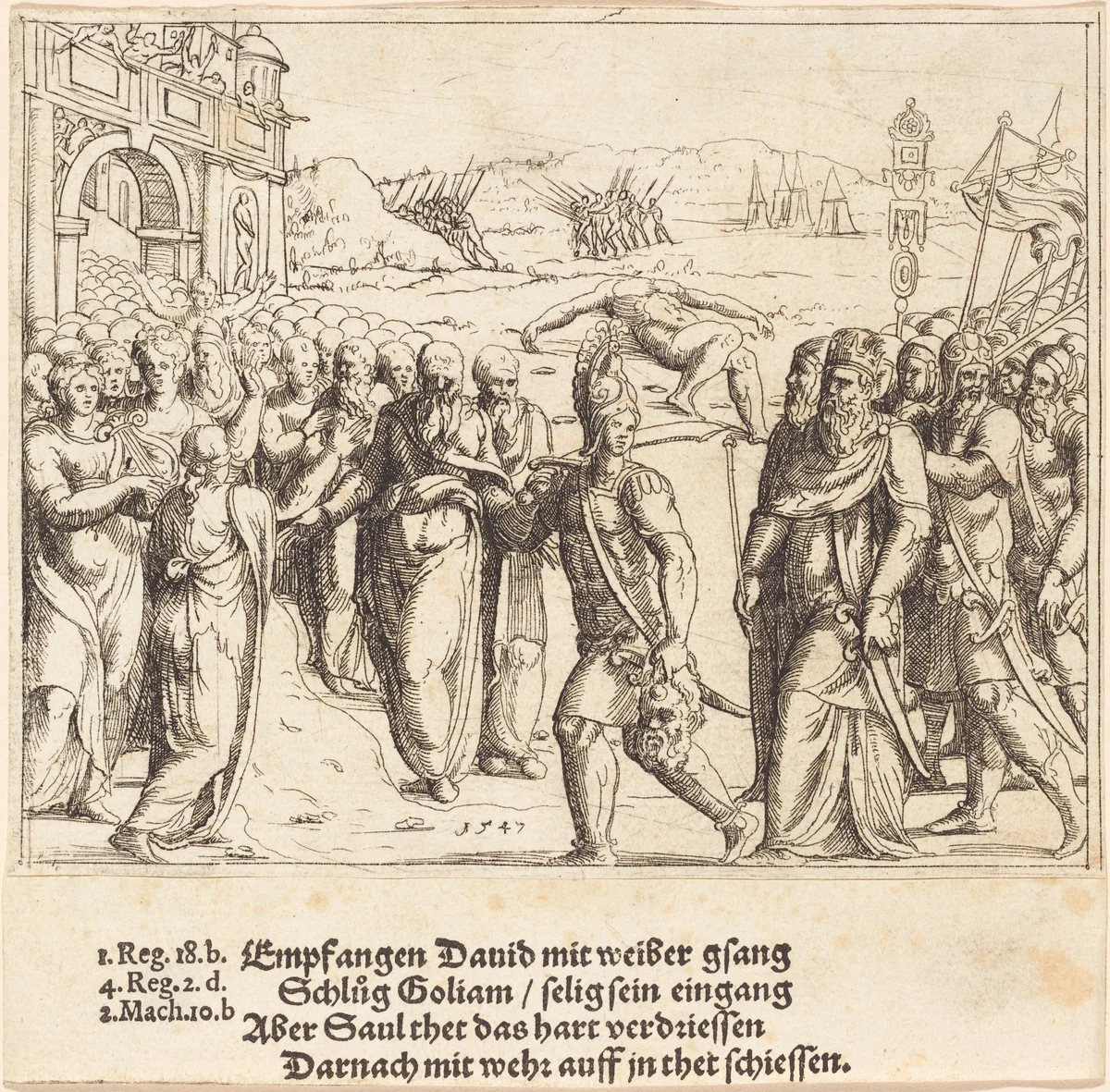 David is Welcomed after Killing Goliath, and Saul's Jealousy by Augustin Hirschvogel, print, 1547