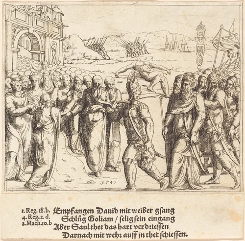 David is Welcomed after Killing Goliath, and Saul's Jealousy by Augustin Hirschvogel, print, 1547