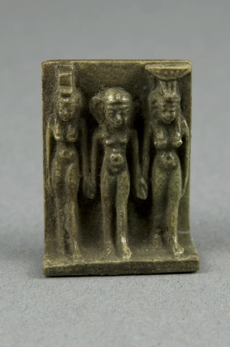 Amulet of the Goddesses Isis and Nephthys with Horus Standing Between by Egyptian, metalwork, -1070--656
