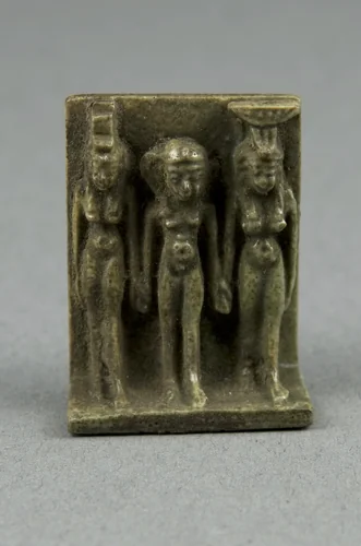 Amulet of the Goddesses Isis and Nephthys with Horus Standing Between by Egyptian, metalwork, -1070--656