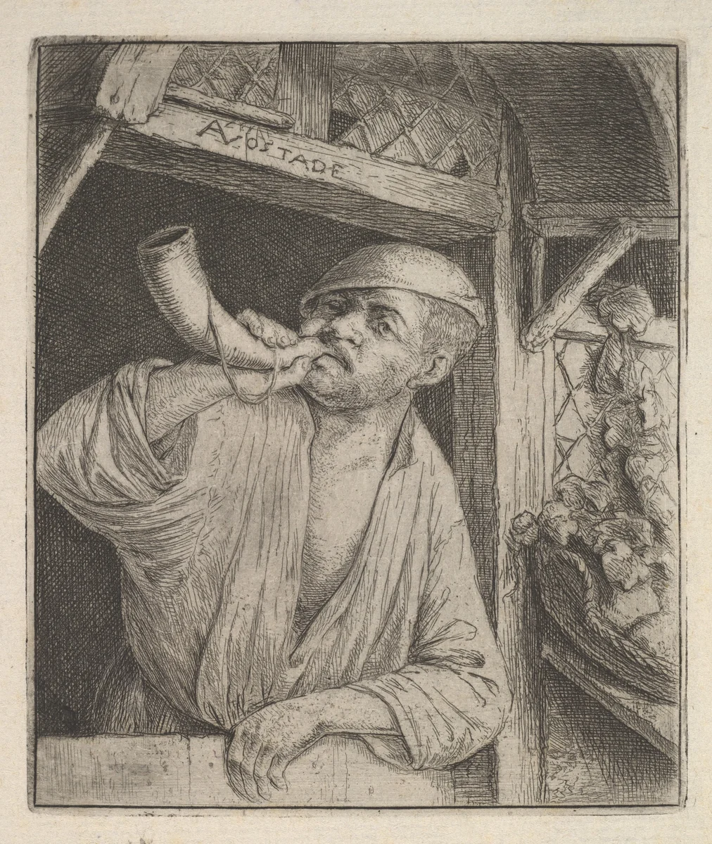 Baker Blowing Horn by Adriaen van Ostade, print, 1610-1685