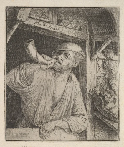 Baker Blowing Horn by Adriaen van Ostade, print, 1610-1685