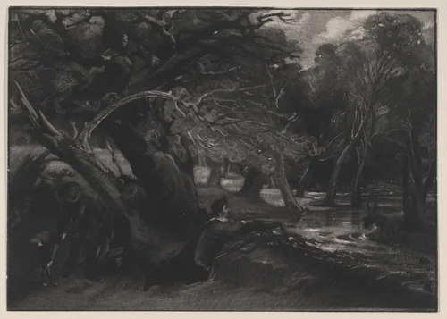 Jacques and the Wounded Stag (Shakespeare, As You Like It, Act 2, Scene 1) by David Lucas, print, 1830