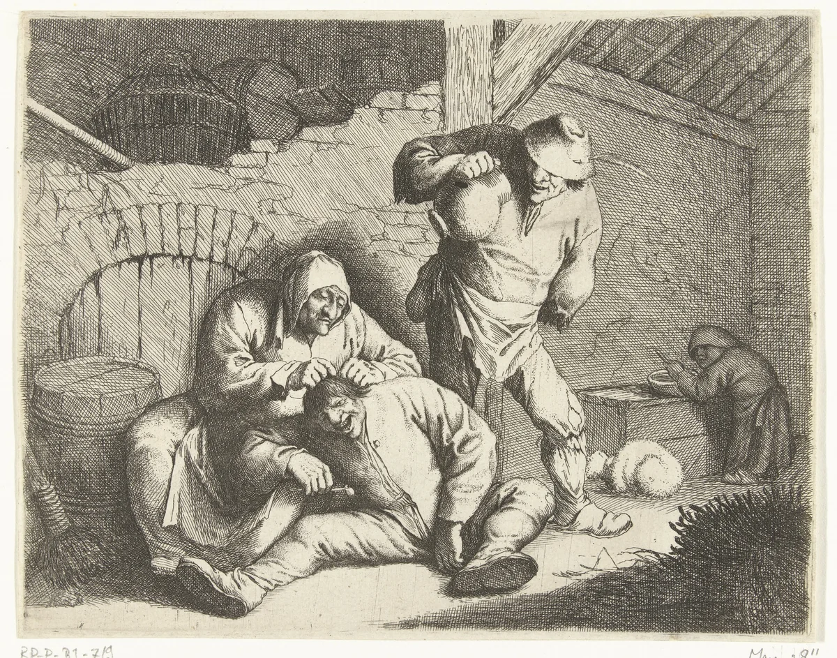 Een oude vrouw luist een man by Willem Basse, print, 1633-1672