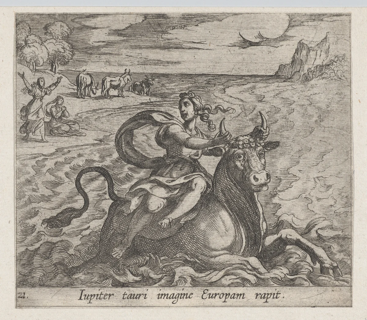 Plate 21: The Rape of Europa (Iupiter tauri imagine Europam rapit), from Ovid's 'Metamorphoses' by Antonio Tempesta, print, 1606