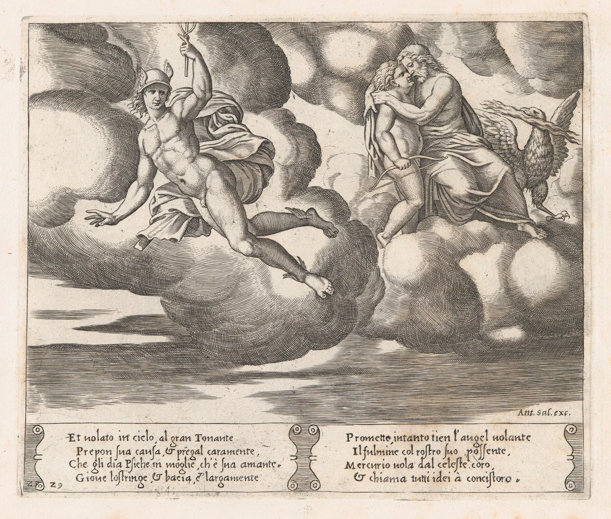 Plate 29: Cupid begging Jupiter to have mercy on Psyche with Mercury at left, from "The Story of Cupid and Psyche as told by Apuleius" by Master of the Die, print, 1530-1560