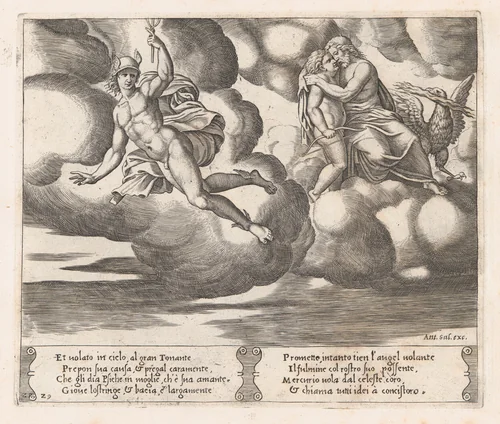 Plate 29: Cupid begging Jupiter to have mercy on Psyche with Mercury at left, from "The Story of Cupid and Psyche as told by Apuleius" by Master of the Die, print, 1530-1560