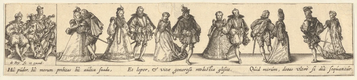 Society Couples Dancing by Johann Theodor de Bry, print, 1580-1600