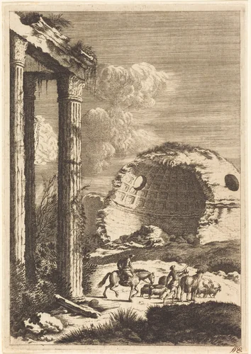Shepherds Traveling past a Ruined Rotunda by Bernhard Zaech; Jonas Umbach, print, 1570-1710