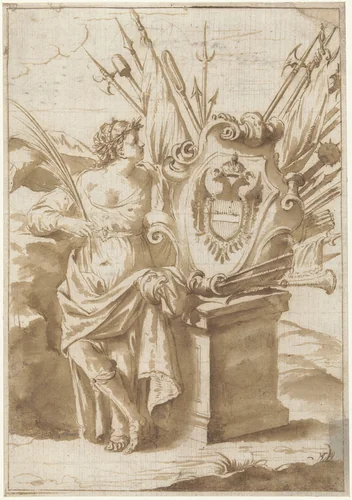 Vrouw bij het wapenschild van Oostenrijk by anonymous, drawing, 1600-1699