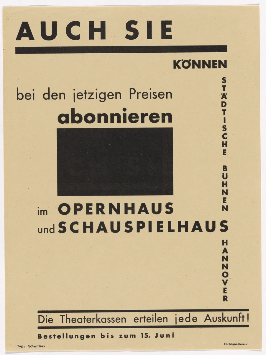 Advertising flyer for subscriptions to the Opera House and Playhouse of the Hannover Municipal Theaters (Städtische Bühnen Hannover) by Kurt Schwitters, design, 1930