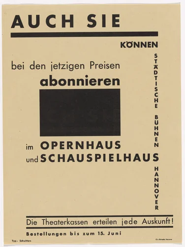Advertising flyer for subscriptions to the Opera House and Playhouse of the Hannover Municipal Theaters (Städtische Bühnen Hannover) by Kurt Schwitters, design, 1930