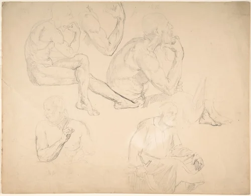 Studies of a Seated Bearded Man by Eduard Julius Friedrich Bendemann, drawing, 1831-1889