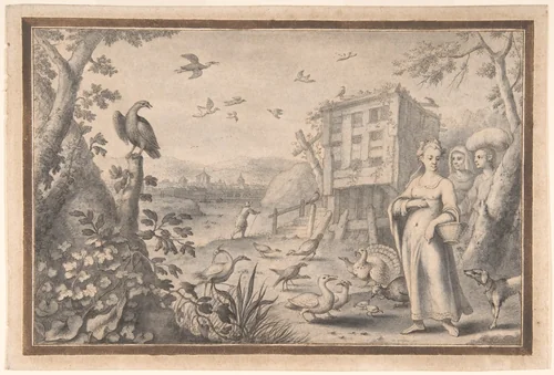Landscape with Three Figures and Birds by Albert Flamen, drawing, 1648-1692