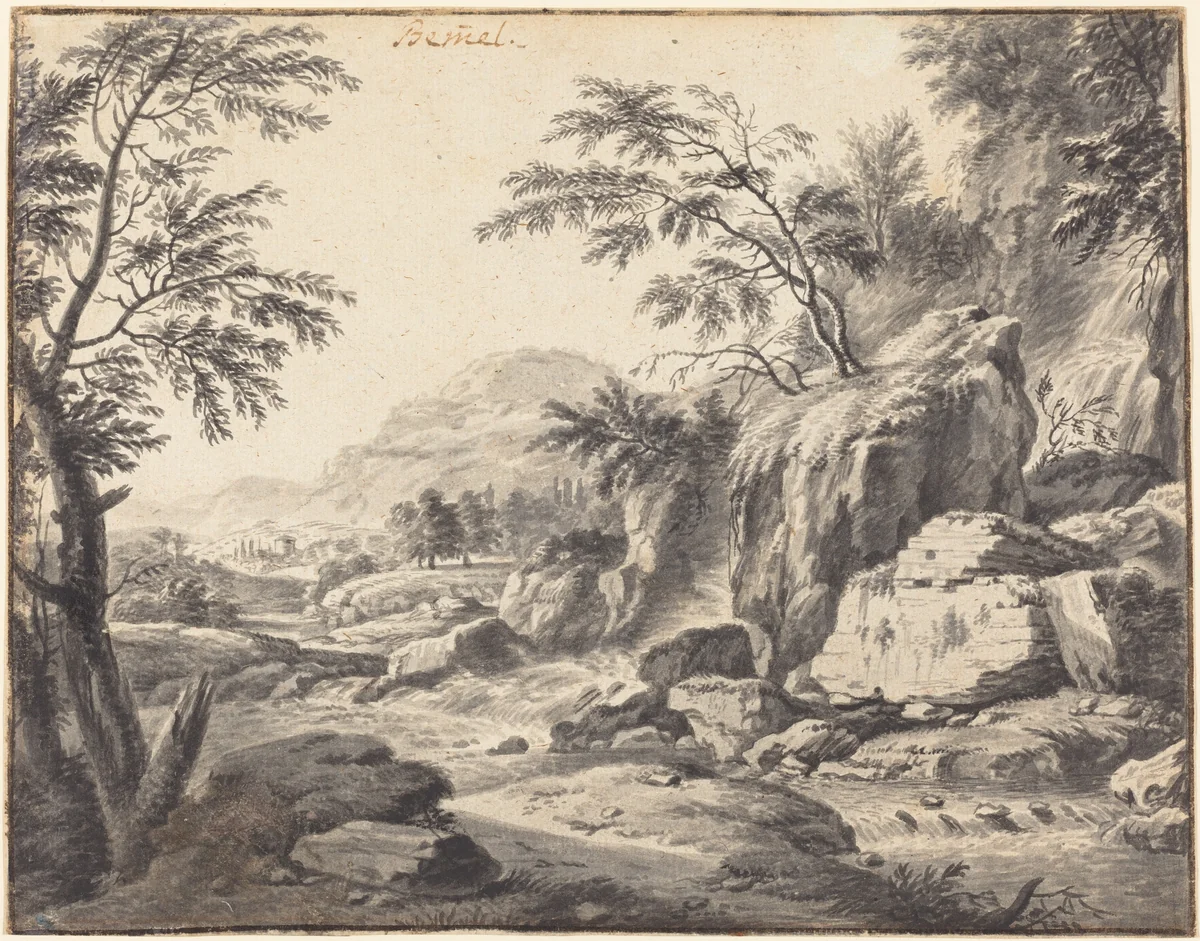 Classical Landscape with a Waterfall by Wilhelm von Bemmel, drawing, 1630-1708