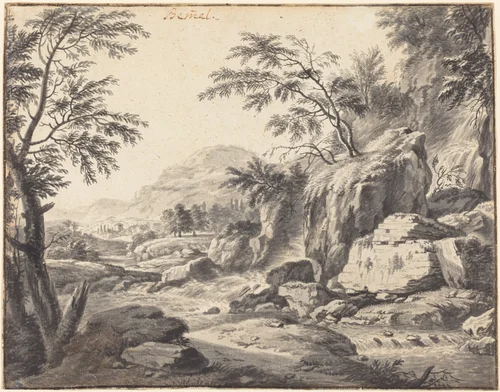 Classical Landscape with a Waterfall by Wilhelm von Bemmel, drawing, 1630-1708