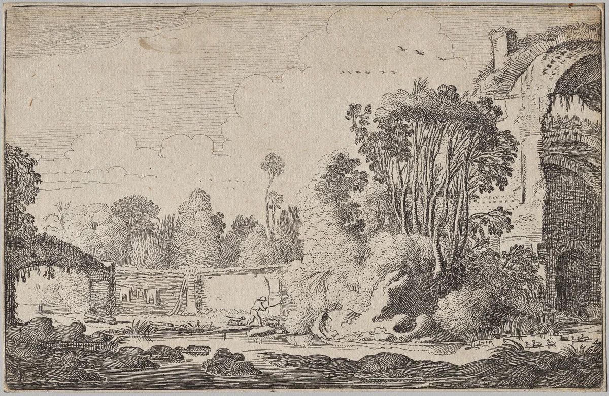 Landscapes, part III: Roman Ruins in Wooded Surroundings by Jan van de Velde, print, 1616
