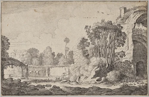 Landscapes, part III: Roman Ruins in Wooded Surroundings by Jan van de Velde, print, 1616