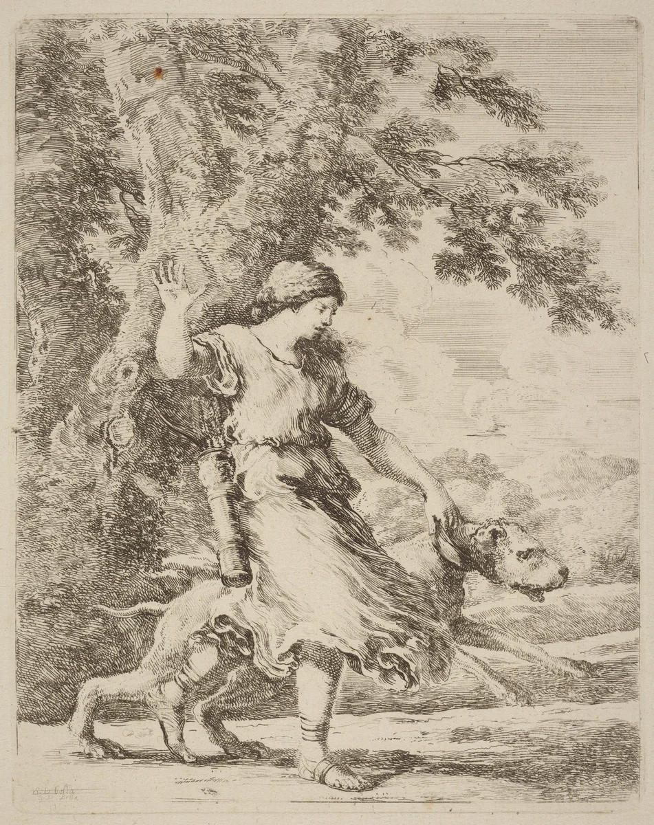 Nymph Holding a Large Dog by a Collar by Stefano della Bella, print, 1610-1664