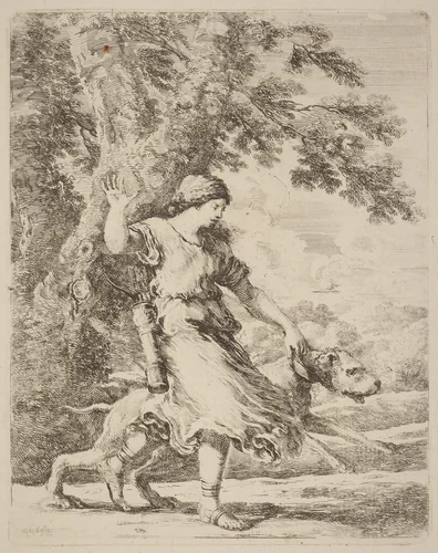 Nymph Holding a Large Dog by a Collar by Stefano della Bella, print, 1610-1664