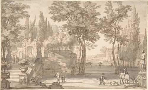 Classical Landscape by Isaac de Moucheron, drawing, 1680-1744