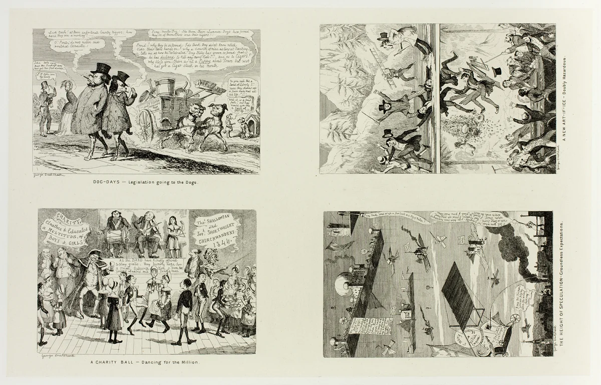 Dog Days - Legislation Going to the Dogs from George Cruikshank's Steel Etchings to The Comic Almanacks: 1835-1853 (top left) by George Cruikshank, print, 1844
