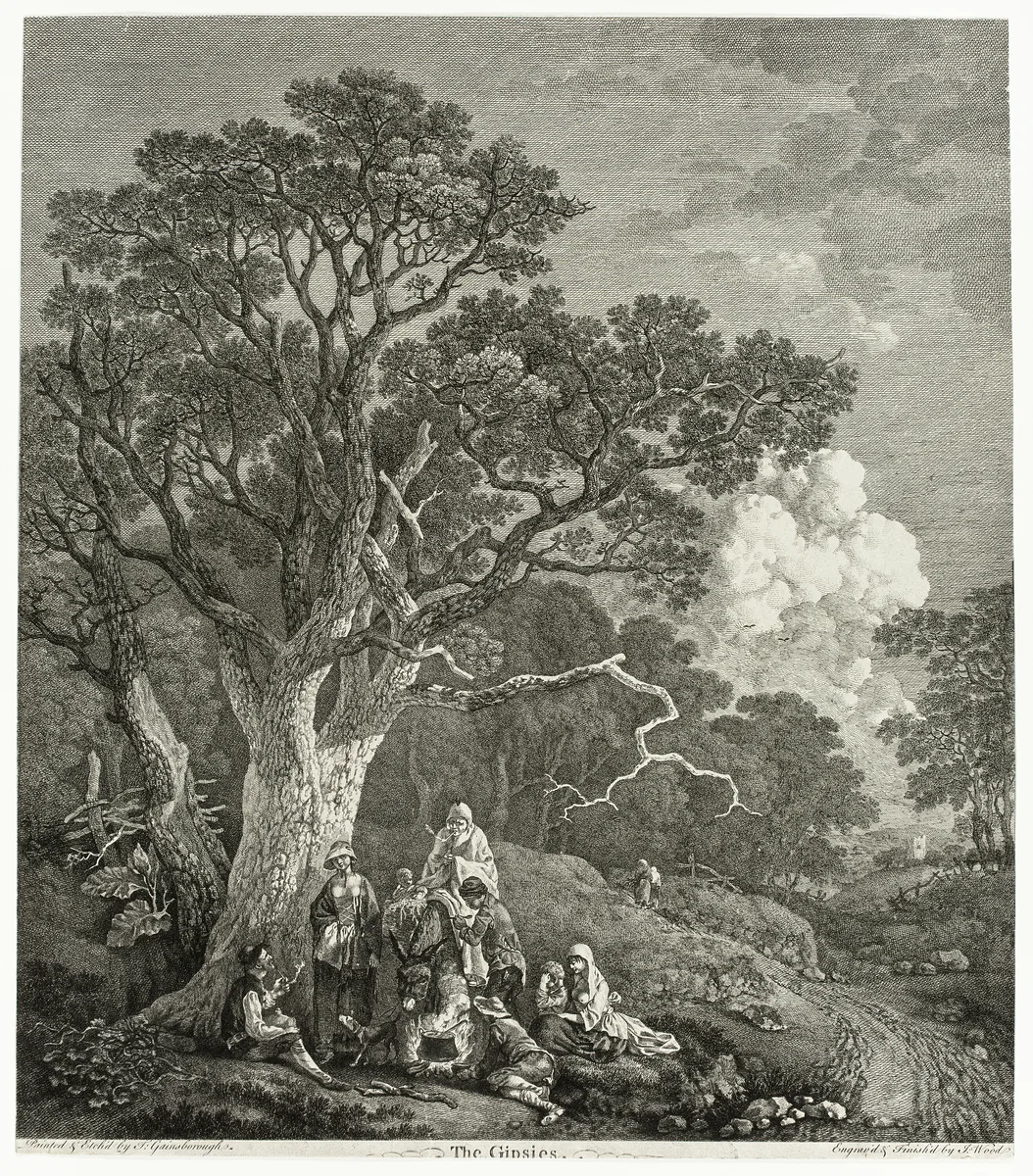 Wooded Landscape with Gypsies Gathered Round a Fire by Thomas Gainsborough, print, 1753-1754