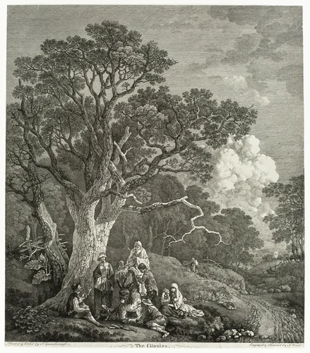 Wooded Landscape with Gypsies Gathered Round a Fire by Thomas Gainsborough, print, 1753-1754