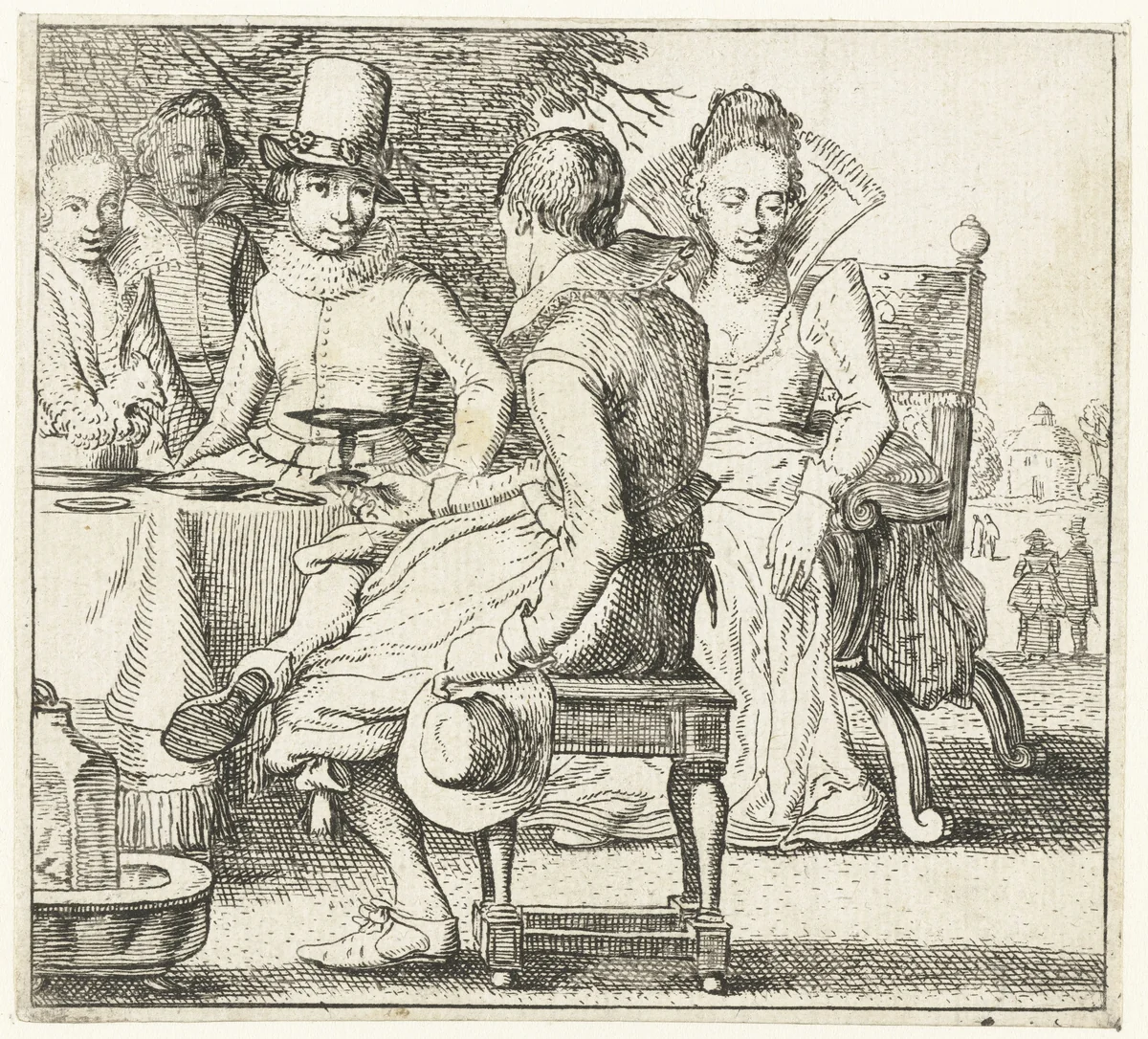 Vijf personen zittend rond een tafel op een terras by anonymous, print, 1613-1680
