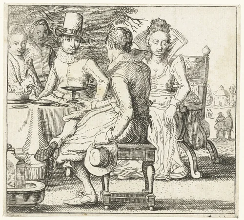 Vijf personen zittend rond een tafel op een terras by anonymous, print, 1613-1680